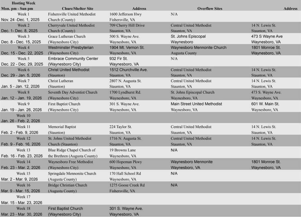 2025-2026 Cold Weather Shelter Schedule